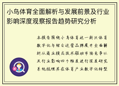 小鸟体育全面解析与发展前景及行业影响深度观察报告趋势研究分析